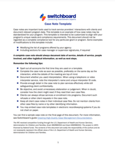 Case Note Template Switchboard